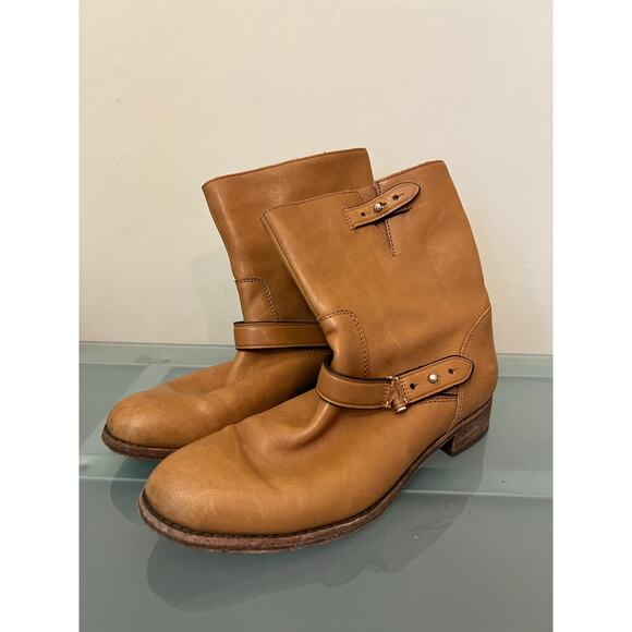 Coach moto Amy biker boots women’s 7.5 B cognac tan leather mid calf harness - Picture 1 of 6